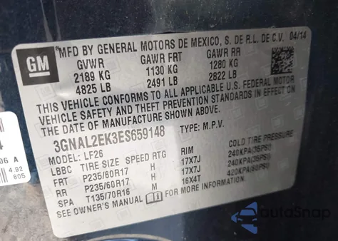 2014 Chevrolet Captiva Sport 2Ls z USA, uszkodzony, nr VIN 3GNAL2EK3ES659148